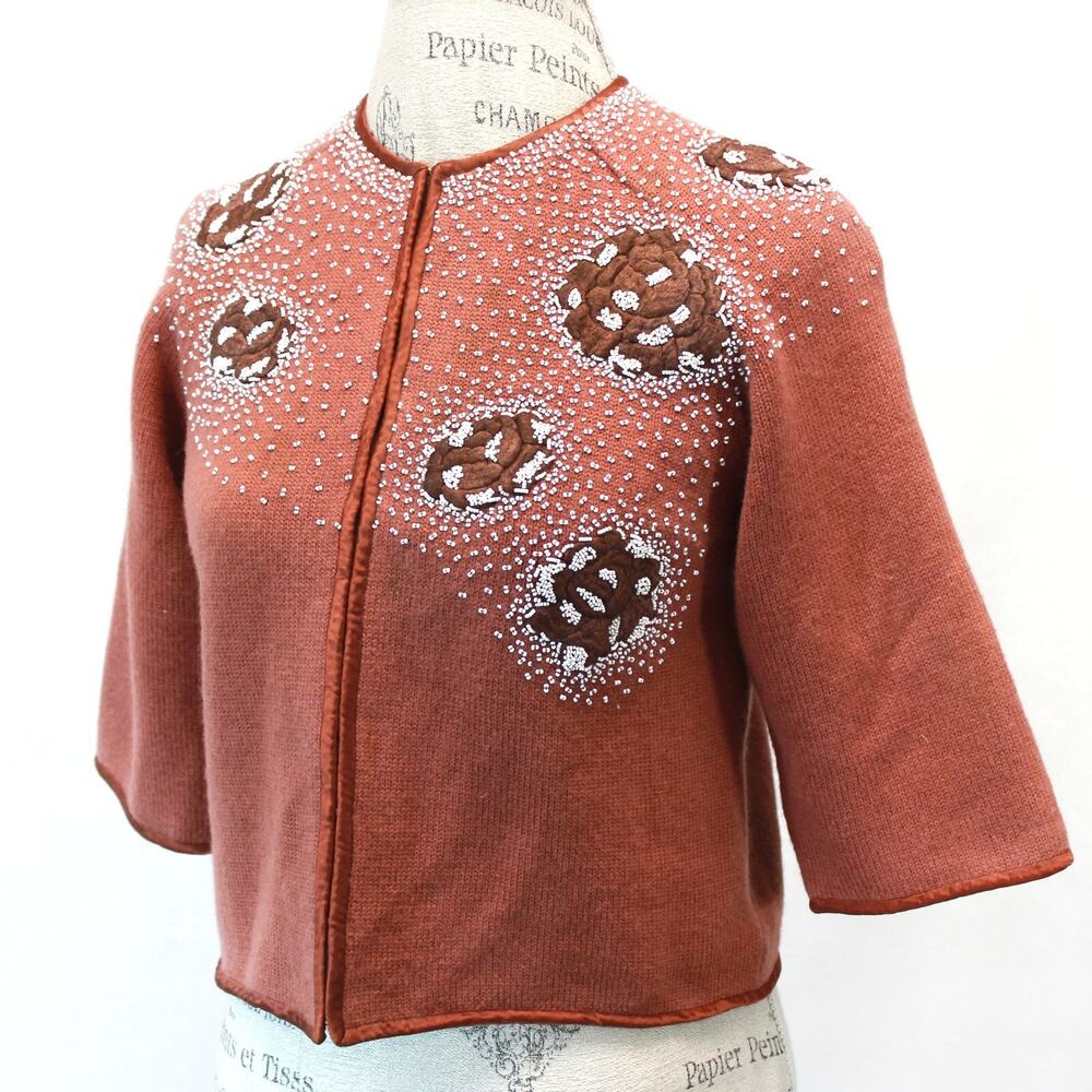 Seibu Women's Brown Wool Blend Embroidered Beaded Sequin Cardigan Sweater Small